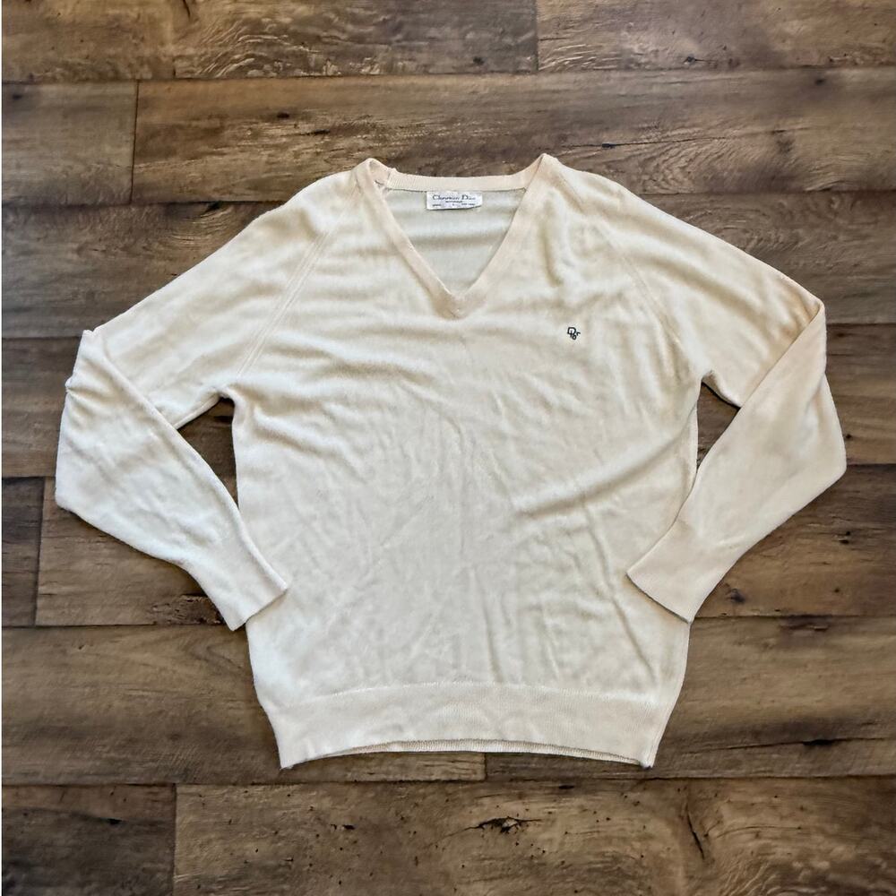 Vintage 90s Christian Dior Cream V Neck Knit Sweater